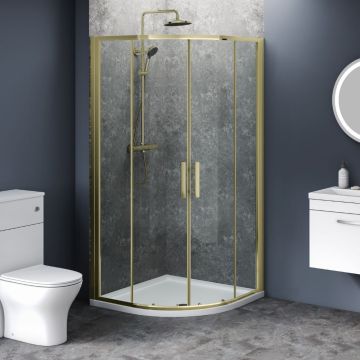 900mm x 900mm Brushed Brass Double Door Quadrant Shower Enclosure and Shower Tray