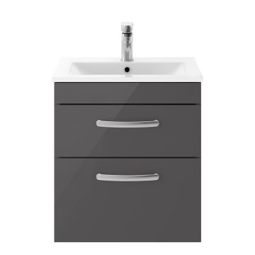 Nuie Athena 500mm 2 Drawer Wall Hung Cabinet & Minimalist Basin - Gloss Grey