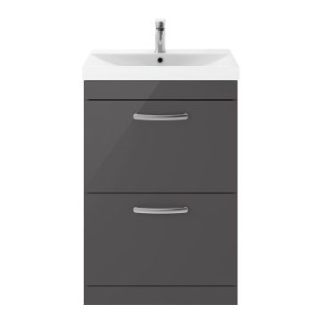 Nuie Athena 600mm 2 Drawer Floor Standing Cabinet & Thin-Edge Basin - Gloss Grey