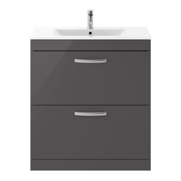 Nuie Athena 800mm 2 Drawer Floor Standing Cabinet & Minimalist Basin - Gloss Grey