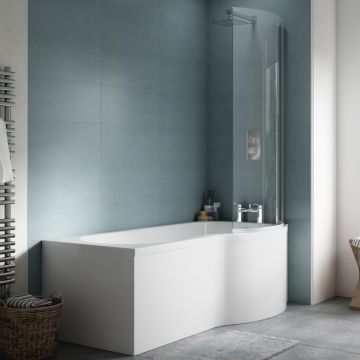 Nuie P Shaped Shower Bath with Front Panel & Screen 1500mm x 850mm Right Hand