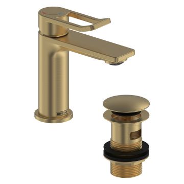 Bristan Saffron Eco Start Mini Basin Mixer with Clicker Waste - Brushed Brass