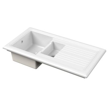 Nuie Fireclay 1.5 Bowl Inset Sink with Ridged Drainer & Central Waste 1010mm - White