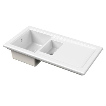 Nuie Fireclay 1.5 Bowl Inset Sink with Smooth Drainer & Central Waste 1010mm - White