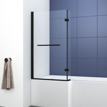 Empire L Shaped Hinged Bath Screen with Towel Rail 1400mm x 800mm - Black 