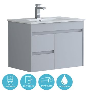 Eternia Adelaide Waterproof 750mm Wall Hung Basin Unit With Basin - Light Grey