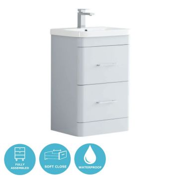 Eternia Byron Waterproof 600mm 2 Drawer Freestanding Basin Unit With Basin - Light Grey