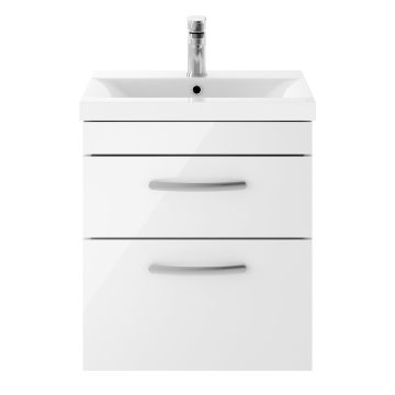 Nuie Athena 500mm 2 Drawer Wall Hung Cabinet & Mid-Edge Basin - Gloss White