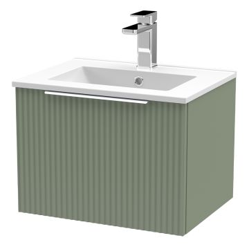 Hudson Reed Fluted 500mm Wall Hung 1 Drawer Basin Unit & Minimalist Basin - Satin Reed Green