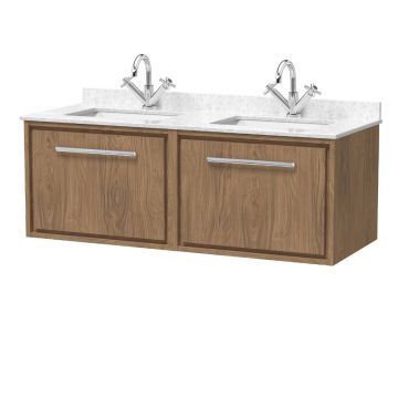 Hudson Reed Lille 1200mm Wall Hung 2 Drawer Vanity Unit & White Marble Worktop with Basin - Antique Oak