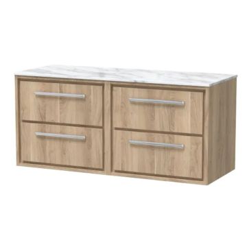 Hudson Reed Lille 1200mm Wall Hung 4 Drawer Vanity Unit & Carrera Marble Worktop - Bleached Oak
