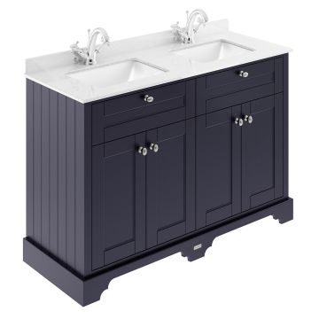 Hudson Reed Old London 1200mm Cabinet & 1TH Double Basin with White Marble Top - Twilight Blue