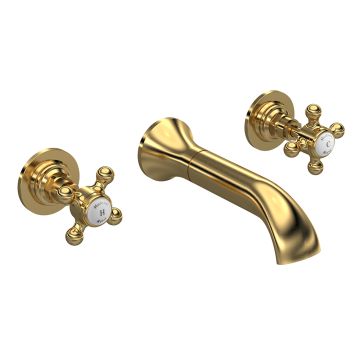 Hudson Reed Topaz Crosshead 3TH Wall Mounted Basin Mixer - Brushed Brass