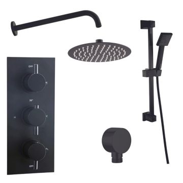 Noveua Islington Concealed Thermostatic Shower Valve with Outlet Elbow, Sliding Rail Kit, Wall Arm and Fixed Head - Matt Black