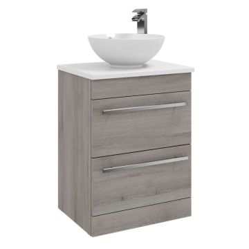 Kartell Purity 600mm Freestanding 2 Drawer Vanity Unit with Ceramic Worktop & Bowl - Silver Oak