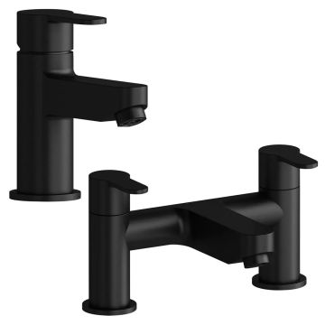 Noveua Acton Mono Basin Mixer with Click Clack Waste & Bath Filler Tap Set - Matt Black