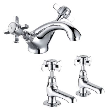 Noveua Paddington Mono Basin Mixer with Click Clack Waste & Pair of Bath Taps Set