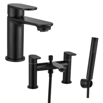 Noveua Preston Basin Mixer & Push Button Waste & Bath Shower Mixer Tap Set - Matt Black
