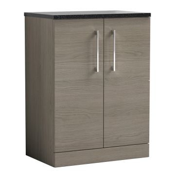 Nuie Arno 600mm 2 Door Freestanding Vanity Unit & Sparkling Black Worktop - Grey Vicenza Oak
