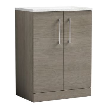 Nuie Arno 600mm 2 Door Freestanding Vanity Unit & Sparkling White Worktop - Grey Vicenza Oak