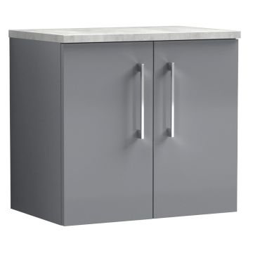 Nuie Arno 600mm Wall Hung 2 Door Vanity Unit & Bellato Grey Worktop - Satin Grey