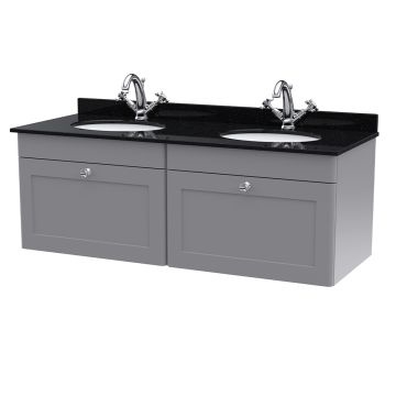 Nuie Classique 1200mm Wall Hung 2 Drawer Vanity Unit & 1TH Black Round Marble Top Basin - Satin Grey