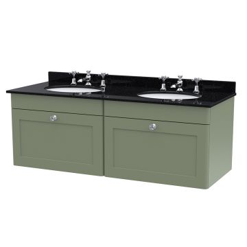 Nuie Classique 1200mm Wall Hung 2 Drawer Vanity Unit & 3TH Black Round Marble Top Basin - Satin Green