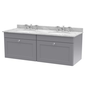 Nuie Classique 1200mm Wall Hung 2 Drawer Vanity Unit & 3TH Grey Round Marble Top Basin - Satin Grey