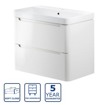Serene Abbeydale 800mm 2 Drawer Wall Hung Vanity Unit And Basin - White Gloss