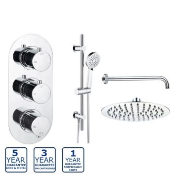 Serene Aura Round Thermostatic Two Outlet Shower Valve with Sliding Rail Kit & Fixed Head - Chrome
