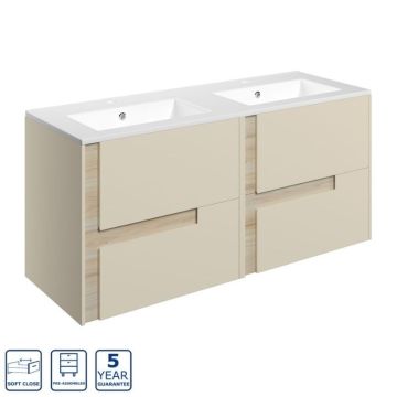 Serene Bibury 1210mm Wall Hung 4 Drawer Vanity Unit & White Basin 0TH - Matt Cotton / Oak Effect