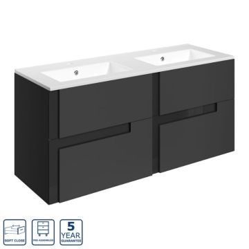 Serene Bibury 1210mm Wall Hung 4 Drawer Vanity Unit & White Basin 2TH - Matt Black / Glass