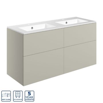 Serene Hatherleigh 1210mm Wall Hung 4 Drawer Vanity Unit & Basin 2TH - Matt Latte
