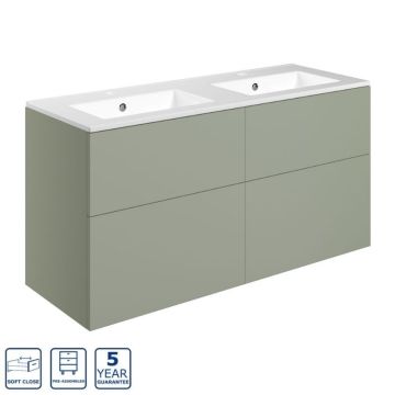 Serene Hatherleigh 1210mm Wall Hung 4 Drawer Vanity Unit & Basin 2TH - Matt Olive Green