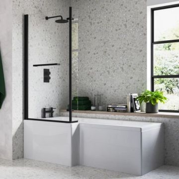 Serene L Shape Bath Screen with Towel Rail 815mm x 1500mm - Matt Black