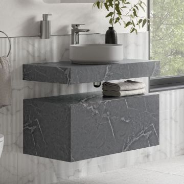 Serene Malham 800mm Wall Hung Grey Marble Basin Shelf & Chrome Bottle Trap