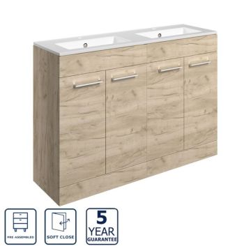 Serene Oxford 1210mm Freestanding 4 Door Vanity Unit & Basin 2TH - Oak