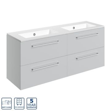 Serene Oxford 1210mm Wall Hung 4 Drawer Vanity Unit & Basin 0TH - Grey Gloss