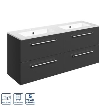 Serene Oxford 1210mm Wall Hung 4 Drawer Vanity Unit & Basin 2TH - Anthracite Gloss