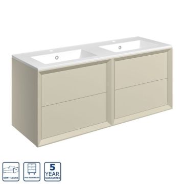 Serene Skye 1210mm Wall Hung 4 Drawer Vanity Unit & Basin 2TH - Matt Cotton