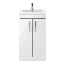 Nuie Athena 500mm 2 Door Floor Standing Cabinet & Mid-Edge Basin - Gloss White