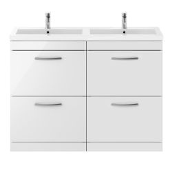 Nuie Athena 1200mm Double 2 Drawer Floor Standing Cabinet & Basin - Gloss White