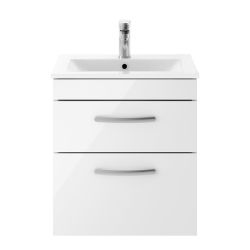 Nuie Athena 500mm 2 Drawer Wall Hung Cabinet & Minimalist Basin - Gloss White