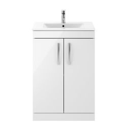 Nuie Athena 600mm 2 Door Floor Standing Cabinet & Minimalist Basin - Gloss White