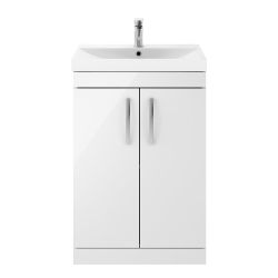 Nuie Athena 600mm 2 Door Floor Standing Cabinet & Thin-Edge Basin - Gloss White