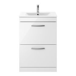 Nuie Athena 600mm 2 Drawer Floor Standing Cabinet & Minimalist Basin - Gloss White