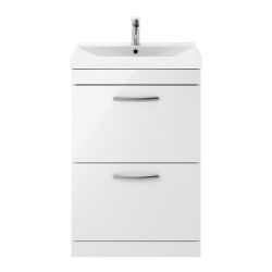 Nuie Athena 600mm 2 Drawer Floor Standing Cabinet & Thin-Edge Basin - Gloss White
