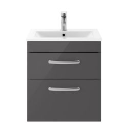 Nuie Athena 500mm 2 Drawer Wall Hung Cabinet & Minimalist Basin - Gloss Grey