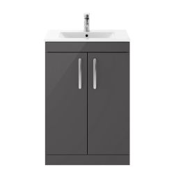 Nuie Athena 600mm 2 Door Floor Standing Cabinet & Minimalist Basin - Gloss Grey