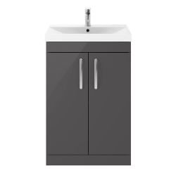 Nuie Athena 600mm 2 Door Floor Standing Cabinet & Thin-Edge Basin - Gloss Grey